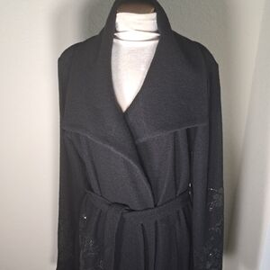 White House Black Market Women’s Black Belted Wrap Winter Coat Sequin Whimsey XL